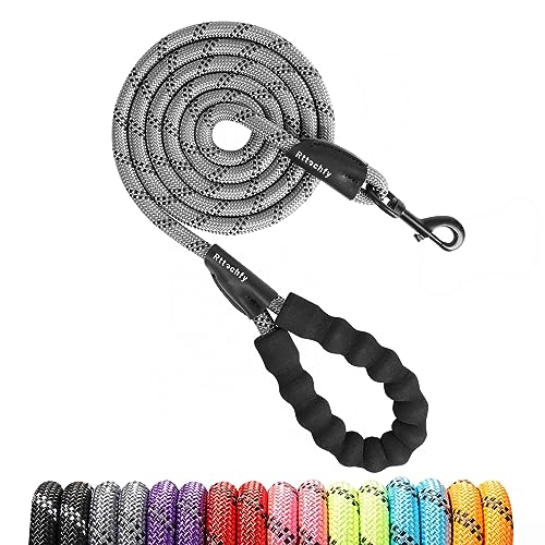 Rttochfy Rope Dog Leash 2/4/5/6/8/10 FT with Comfortable Padded Handle and Highly Reflective Threads for Small Medium and Large Dogs Heavy Duty (1/2"-5 FT, Grey) - color: Grey, size: L (1/2'' x 5 FT)