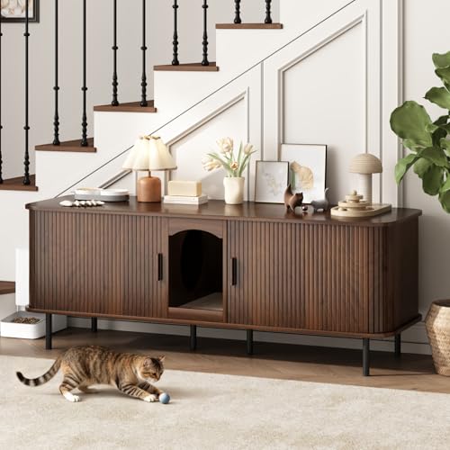 Double Cat Litter Box Enclosure Furniture, 59" Large Litter Box Furniture with Scratching Pad, Hidden Wood Pet House for 2 Cats, Indoor Modern Fluted Cabinet TV Stand for Living Room, Brown - color: Walnut, size: 59"