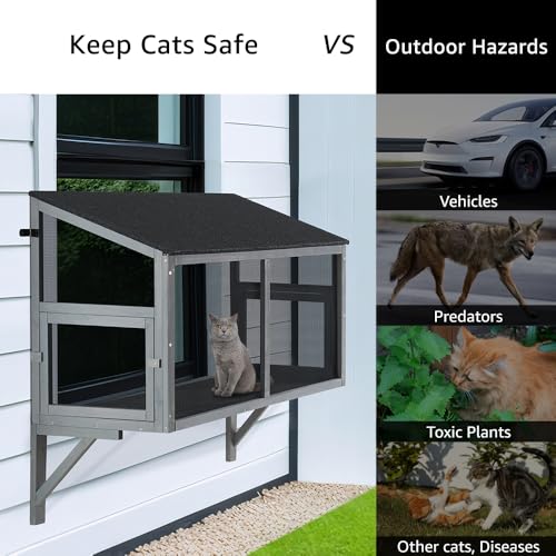 Bug Proof Cat Catio, Window Cat House with Metal Mesh, Outdoor Enclosure for Indoor Pets, Expandable Wooden Perch, Safe Comfortable Haven for Pets, Keep Bugs Insects Out