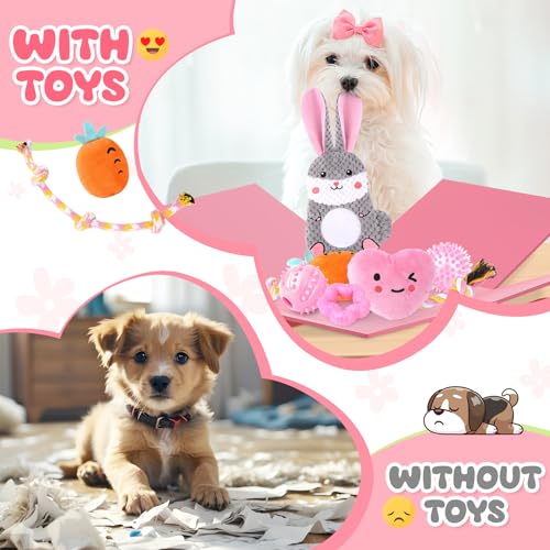Zeaxuie Pink Puppy Toys for Teething - 9 Pack Small Dog Set With Chew, Squeaky Crinkle, Treat Ball and Interactive Rope for Puppies - color: 9 Pack (Pink-Bunny)