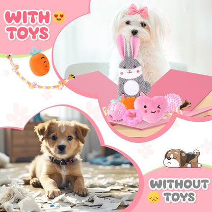 Zeaxuie Pink Puppy Toys for Teething - 9 Pack Small Dog Set With Chew, Squeaky Crinkle, Treat Ball and Interactive Rope for Puppies - color: 9 Pack (Pink-Bunny)