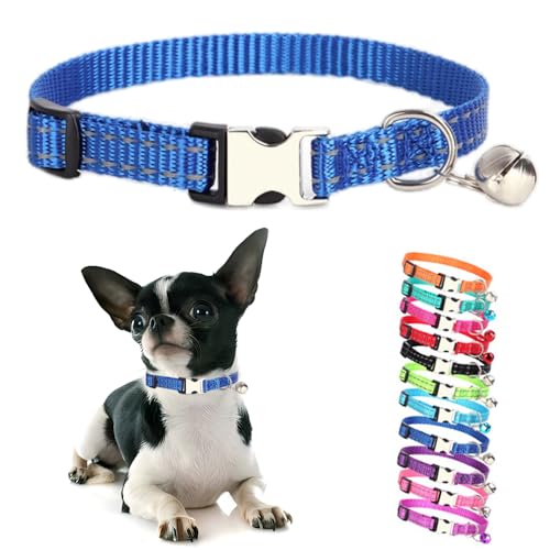 Blue Puppy Collar with Bell, Reflective Nylon XS Cat Collars Soft Adjustable Buckle for XSmall Small Puppy Female Tiny Pets Dogs Boy Girl Kitten Yorkie X-Small - color: Blue