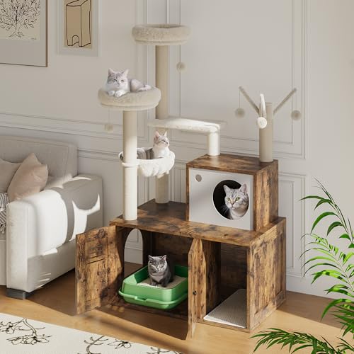 Cat Litter Box Enclosure with Tree Tower and Condo, Hidden Pet Washroom Furniture with Sisal Scratching Post,Hammocks and Soft Plush Perch, Wooden Cat Furniture with Multiple Platforms,Rustic Brown - color: Rustic Brown