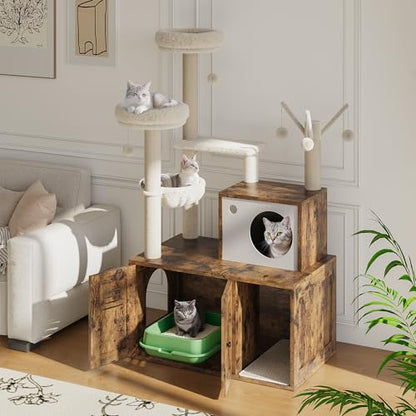 Cat Litter Box Enclosure with Tree Tower and Condo, Hidden Pet Washroom Furniture with Sisal Scratching Post,Hammocks and Soft Plush Perch, Wooden Cat Furniture with Multiple Platforms,Rustic Brown - color: Rustic Brown