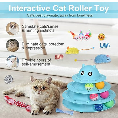 UPSKY 24 PCS Cat Toys, 3-Level Turntable Kitten Toys Set, Interactive Cat Roller Toys for Indoor Cats, Catnip Toys, Cat Teaser Toys, Mice Toys, Spring Toys, Various Ball Toys for Kitty - color: D-24PCS-Blue