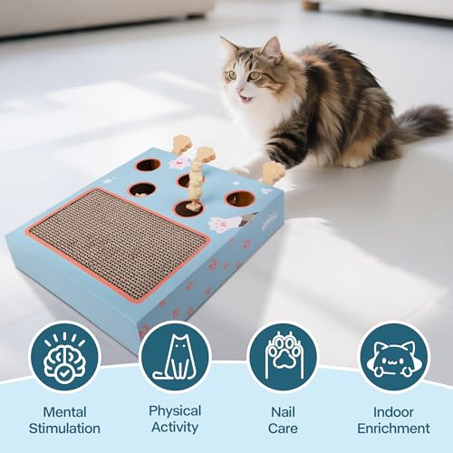 PAWISE Interactive Cat Scratcher Toy - 3-in-1 Cardboard Cat Scratching Board & Interactive Puzzle Toy Box for Indoor Cats, Nail File Scratch Pad with Pop-up Mice, Cat Enrichment Toy for Kitten - size: 10X12X2.4