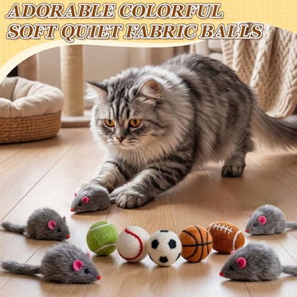 Outus 10 Pcs Cat Toys Bulk Include 5 Furry Mouse & 5 Sport Themed Pom Pom Balls for Cat and Kitty Mice Toys Felt Wool Ball Soft Quiet Interactive Catch Without Catnip for Yard Apartment Indoor Outdoor