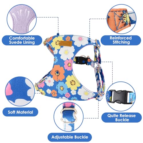 Lukovee Puppy Harness and Leash Set, No Pull Lightweight Soft Suede Adjustable Pet Harness Vest with Snap Buckle for Puppy Small and Medium Size Dog (Blue Flower, XXS) - color: ·Blue Flower, size: XX-Small ( 2.2-6lb )