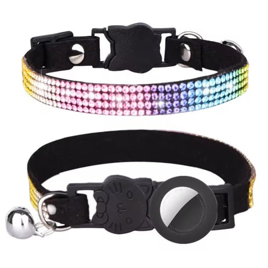 Sparkly Bling Rainbow Crystal Cat Collar with Bell and AirTag Holder, Adjustable Safety Buckle, Black (Black) - color: BLACK