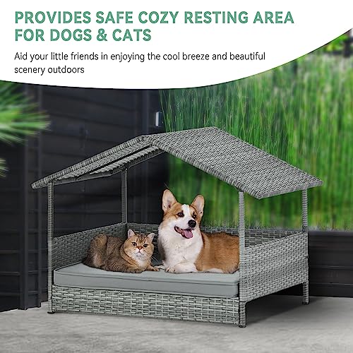 Lyromix Wicker Dog House with Canopy, 32" Outdoor Elevated Rattan Dog Bed with Water-Resistant Soft Cushion, Large Outside Raised Dog Shelter for Small, Medium Dogs, Gray
