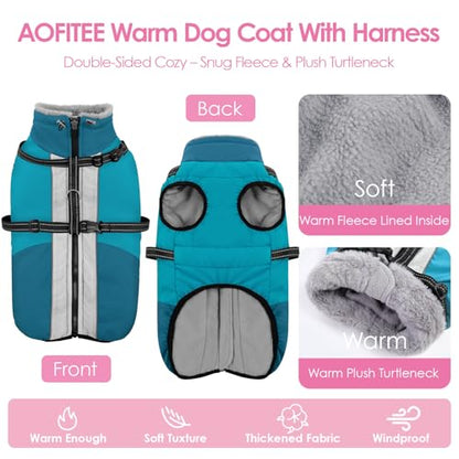 AOFITEE Dog Coat, Warm Dog Jacket with Harness Built-in, Waterproof Medium Dogs Cold Weather Coat with Zipper, Reflective Fleece Lined Pet Snow Jackets for Pug, Jack Russell, Boston Terrier, M - color: PineGreen, size: Medium