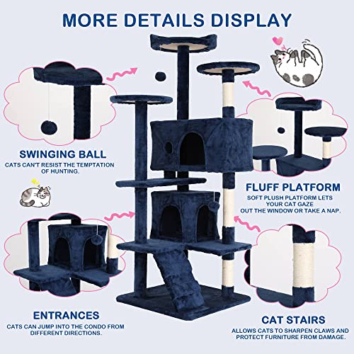 Cat Tree, 54'' Tall with 3 Scratching Posts, 3 Platforms, 2 Condos, for Indoor Cats - color: Navy Blue