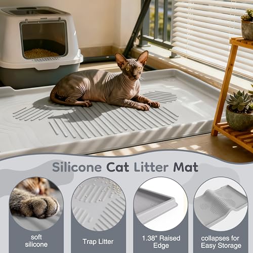 ISSEVE Cat Litter Mat 40" x 28" XL, Extra Large Silicone Mat for Litter Box, 1.38" Raised Edge Urine Waterproof Litter Trapping Mat Pad for Scatter Control, Soft on Kitty Paws, Protect Floor (Grey) - color: Light Grey