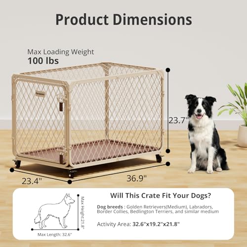 36 Inch Dog Crate with Lockable Wheel, Diamond Mesh Metal Dog Kennel Cage with Double Secure Latch & Leak-Proof Tray, Escape-Proof Dog Crates for Medium Dogs Breeds, Dogs up to 100 lbs - size: 36.9"L x 23.4"W x 23.7"H