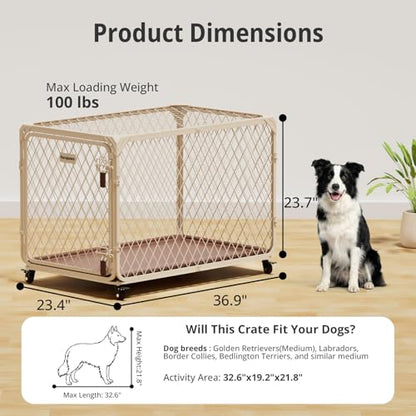36 Inch Dog Crate with Lockable Wheel, Diamond Mesh Metal Dog Kennel Cage with Double Secure Latch & Leak-Proof Tray, Escape-Proof Dog Crates for Medium Dogs Breeds, Dogs up to 100 lbs - size: 36.9"L x 23.4"W x 23.7"H