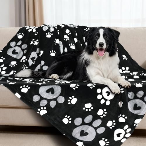 Rezutan Dog Blanket for Large Dogs, Soft Fleece Dog Blankets, Cute Paw Print Throw Blanket for Dogs, Fluffy Flannel Pet Cat Puppy Blanket Mat Cover for Bed Couch, Black 50 x 40 inch - color: Love Black, size: 50x40 inch