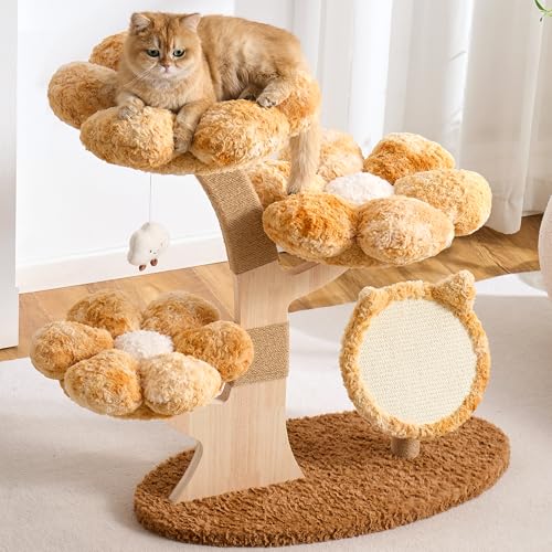 797Audio Flower Cat Tree, 37" Wood Branch Cat Tower, Brown Cloud Cat Tree with Scratching Post for Indoor Adult Cats, Luxury Cat Tree with Cat Scratch Pad & Interactive Squeaky Hanging Toy - color: Yellow, size: 37"-Scratch Pad