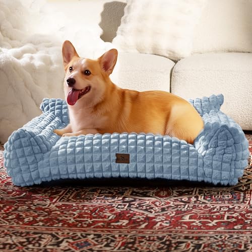 Dog Bed for Medium Dogs – Cute Fluffy Pet Sofa with Faux Rabbit Fur,Supportive Dog Couch Beds, Washable Cover in 3D Diamond Pattern, 36 Inch Light Blue - color: Light Blue, size: Large: 36"L x 27"W x 10"Th