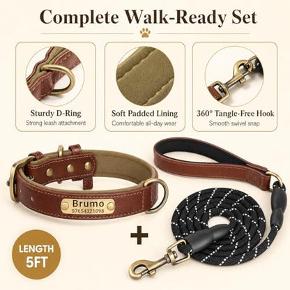 Leather Dog Collar Personalised and Leash Set, Personalized with Soft Padded Design Heavy Duty Featuring Custom Engraved Name Plate for Small Medium and Large Dogs - color: Brown collar with leash, size: XS:（neck 18-27cm,width 1.5cm）