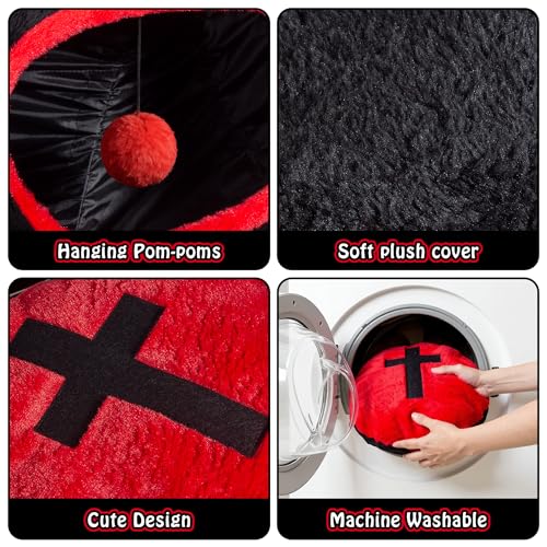 Gothic Cat Bed, Coffin Cat Tunnel House with Washable Cushion, Fits Indoor Cats up to 25 lbs, Cute Peekaboo Cave Pet Bed for Kittens, Rabbits, Halloween Goth Design, Black Red - color: Black Red