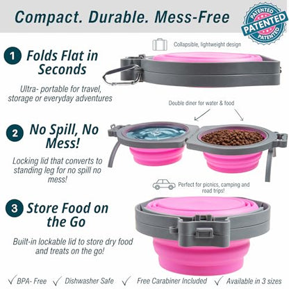Loving Pets - Bella Roma Double Diner Portable Travel Dog Bowls Collapsible Combined Dog Food & Water Bowls (Pink, Medium) - color: Pink, size: Medium Travel Double Diner