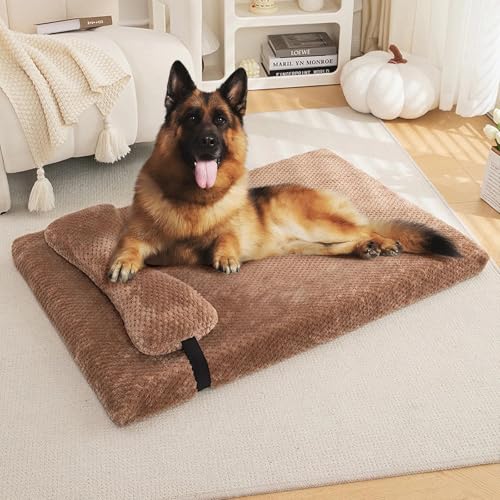 Large Dog Bed Mat with Pillow, Egg Crate Foam Pet Bed Bolster Pillow for Support, Washable Dog Bed Mattress Suitable for Pets Up to 50 lbs, Brown 39.4x25.5x3 in - color: Brown, size: 39.4x25.5x3 in