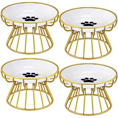 Roshtia 4 Sets Elevated Cat Bowls Ceramic Raised Cat Food Bowls with Metal Stand Dishwasher Safe Dishes Non Slip Elevated Food Plate(Gold,Paw) - color: Gold
