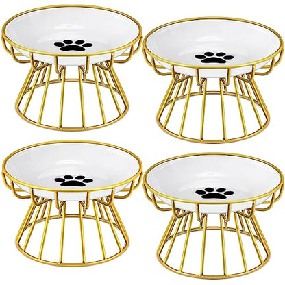 Roshtia 4 Sets Elevated Cat Bowls Ceramic Raised Cat Food Bowls with Metal Stand Dishwasher Safe Dishes Non Slip Elevated Food Plate(Gold,Paw) - color: Gold
