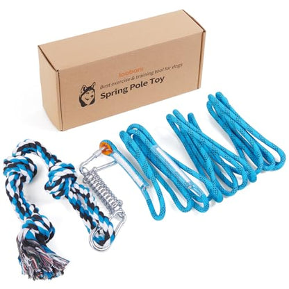 LOOBANI Spring Pole Toy for Pitbull: Bungee Tug of War Toys for Small Large Aggressive Chewers Dogs to Exercise & Muscle Building & Bite Training,Outdoor Heavy Duty Bungee Solo Tree Tugger Hanging Toy - color: Blue+White