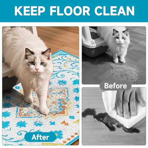 Cat Litter Mat, 35" x 23" Litter Box mat, Traps 100% Litter, Non-Slip Kitty Litter Trapping mats, Large Cute Litter mat, Easy Clean for Scatter Control, Bohe cat Food mat, Urine Waterproof - color: Blue Planet, size: Large（35"x23"）