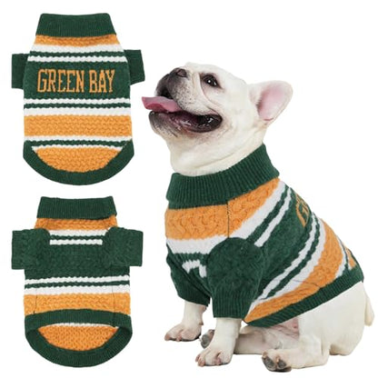 Green Bay Small Dog Sweater Football Theme Turtleneck Knit Dog Sweaters for Small Pets Warm Winter Cat Dog Clothes - color: Green&yellow, size: Small