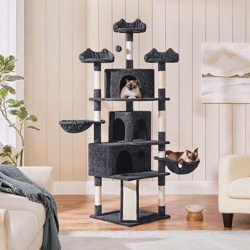 Yaheetech 76.5in Multi-Level Large Cat Tree, Big Cat Tower with 3 Condos, Cozy Plush Perches, 9 Sisal Scratching Posts and Ladder, Activity Center for Large Kitties, Black - color: Black