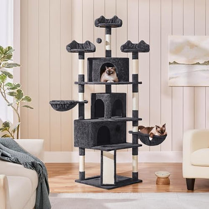 Yaheetech 76.5in Multi-Level Large Cat Tree, Big Cat Tower with 3 Condos, Cozy Plush Perches, 9 Sisal Scratching Posts and Ladder, Activity Center for Large Kitties, Black - color: Black