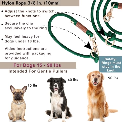 Hands Free Dog Leash, Waist Leash for Dog Walking, Running, Crossbody, Multifunctional, 2 Dogs, Dual Handle, Traditional Lead, Adjustable Lead 4.3ft - 7.5ft, 3/8" (10mm) Diameter. - color: Hunter Green