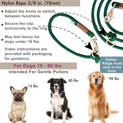 Hands Free Dog Leash, Waist Leash for Dog Walking, Running, Crossbody, Multifunctional, 2 Dogs, Dual Handle, Traditional Lead, Adjustable Lead 4.3ft - 7.5ft, 3/8" (10mm) Diameter. - color: Hunter Green