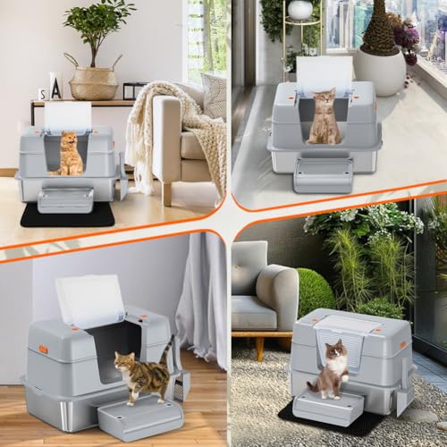 Vivifying Stainless Steel Litter Box with Lid, XL Side Entry Extra Large Litter Box for Big Cats & Kitty, Removable Enclosed Metal Cat Pan with High Sided Enclosure, Scoop, Mat, Footboard (Gray) - color: Gray