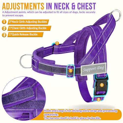 Lukovee No Pull Dog Harness and Leash Set - Heavy Duty Dog Vest with Soft Velvet Padding for Medium Large Dogs, Adjustable Reflective Tactical Harness with 2 Control Handles & Front Clip (M, PU) - color: Purple, size: Medium