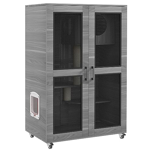 PawHut Luxury Cat House with Wheels, Kitty Cage Catio Villa for Indoor Cats with Scratching Posts, Condo, Flap Door, Cushion, Gray, 31.5" x 20" x 48.5"