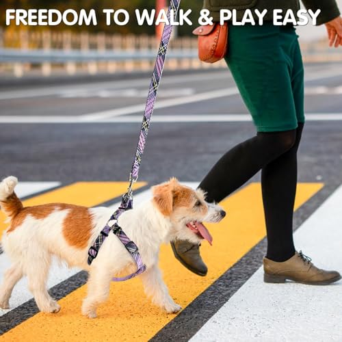 BINGPET Dog Harness Collar Leash Set,Adjustable No Pull Escape Proof Small Dog Harness,Classic Plaid Puppy Harness and Leash Set for Small Medium Large Dogs Training Easy Walk Running(Purple,M) - color: Purple Plaid, size: M(Chest Girth:17.3''-23.38'')