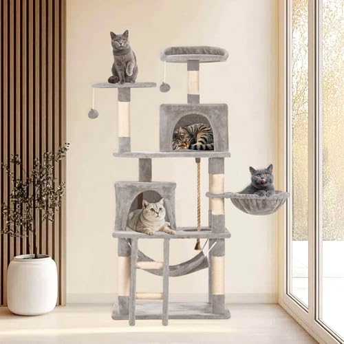 Cat Tree 60.63 inches Cat Tower for Indoor Cats, Multi-Level Cat Condo Furniture with Scratching Posts, Plush Perches, Activity Center with Cozy Basket & Hammock for Cats (Light Gray) - color: Light Gray