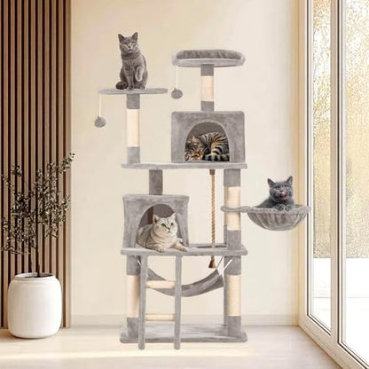 Cat Tree 60.63 inches Cat Tower for Indoor Cats, Multi-Level Cat Condo Furniture with Scratching Posts, Plush Perches, Activity Center with Cozy Basket & Hammock for Cats (Light Gray) - color: Light Gray