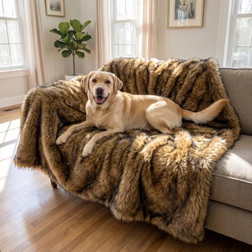 IHAPPYDOG Waterproof Faux Fur Dog Blanket – Pet Throw & Couch Protector for Sofa, Bed, Furniture – Plush Pup Cover for Small Medium Large Dogs – Machine Washable – Brown 80" x 60" - color: Brown, size: 80" x 60"