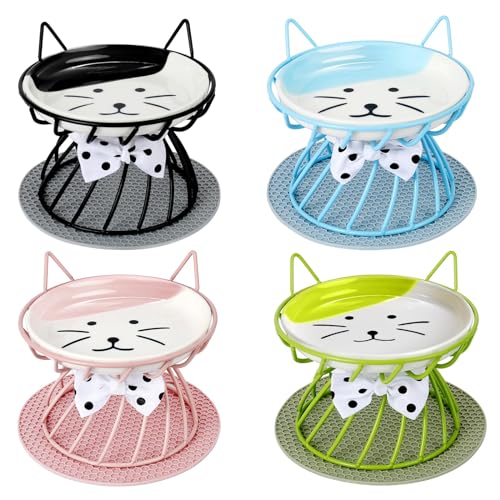 4 Pcs Elevated Pet Food Bowls, Ceramic Cat Plate with Stand Raised Cat Bowl for Indoor Pet, Food and Water Dishes Puppies, with Non-Slip Mat, Whisker Friendly, Dishwasher Safe - color: Black+Blue+Pink+Green