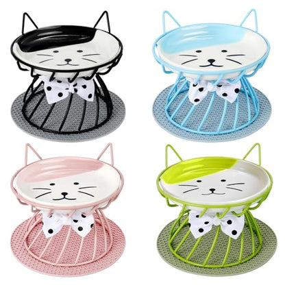4 Pcs Elevated Pet Food Bowls, Ceramic Cat Plate with Stand Raised Cat Bowl for Indoor Pet, Food and Water Dishes Puppies, with Non-Slip Mat, Whisker Friendly, Dishwasher Safe - color: Black+Blue+Pink+Green