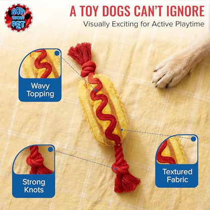 Bow Wow - Hot Dog Squeaky Plush Dog & Cat Toy with Crinkle Sound | Soft Chew Interactive Pet Toy | Small to Medium Dogs & Cats | Food Shape Plush Toy for Tug, Toss & Fetch | Canvas & Plush - color: Hot Dog