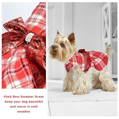 Red Dog Dress Dog Sweater - Christmas Doggy Clothes for Small Dogs - Puppy Sweater Dress Princess Plaid Dress - Pet Outfit Holiday Festival Puppies Apparel Wedding Birthday Winter Clothing, XXS, Red - color: Red Plaid, size: XX-Small (Chest 11in )