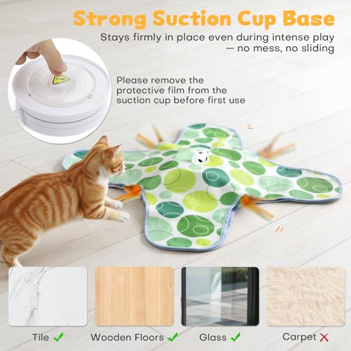 Interactive Cat Toys for Indoor Cats, Hide and Seek Cat Toy, 2 in 1 Automatic Moving Concealed Feathers Cat Toy Mat, Non-Slip Suction, Touch Activated, USB Rechargeable, Green - color: Green
