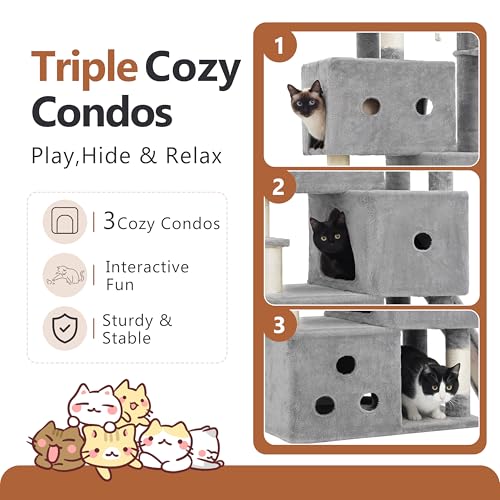 Heybly Cat Tree, 74-Inch Streamlined Cat Tower for Large Cats with 3-Tier Stacked Condos, Cat Furniture with Large Perch, Sturdy Base, Full Sisal Scratching Posts & Ramp, Light Gray HCT061W - color: Light Gray