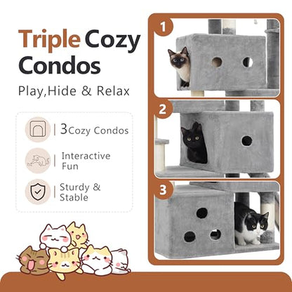 Heybly Cat Tree, 74-Inch Streamlined Cat Tower for Large Cats with 3-Tier Stacked Condos, Cat Furniture with Large Perch, Sturdy Base, Full Sisal Scratching Posts & Ramp, Light Gray HCT061W - color: Light Gray