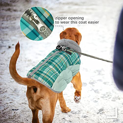 FUAMEY Dog Coat for Small Dogs,Waterproof Dog Winter Jacket with Harness Built in Puppy Cold Weather Coats Reflective Pet Vest with Zipper Warm Fleece Dogs Snowsuit Windproof Green Plaid XS - color: Green Plaid, size: XS(chest:14in)